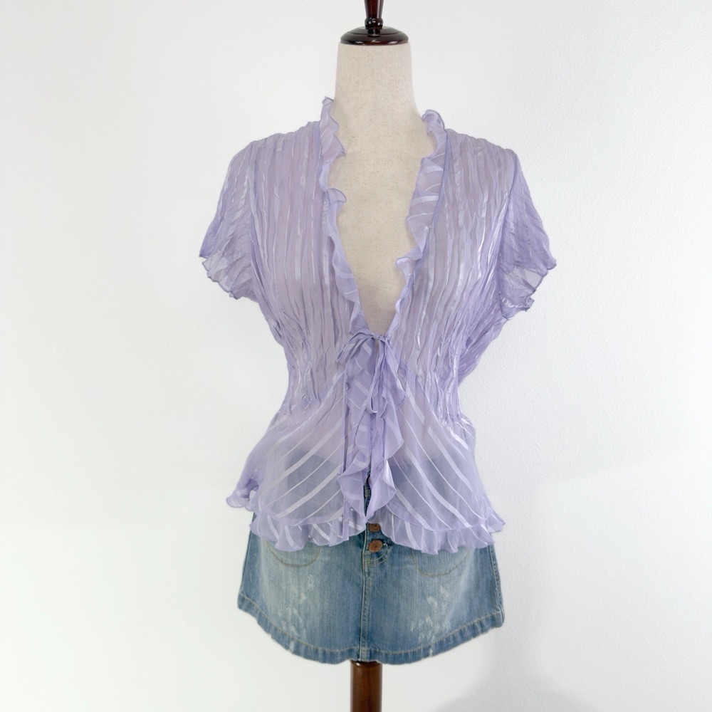 VTG Studio 1940 Top Womens 18/20 Lavender Crinkle Sheer Tie Front Fairy Dainty